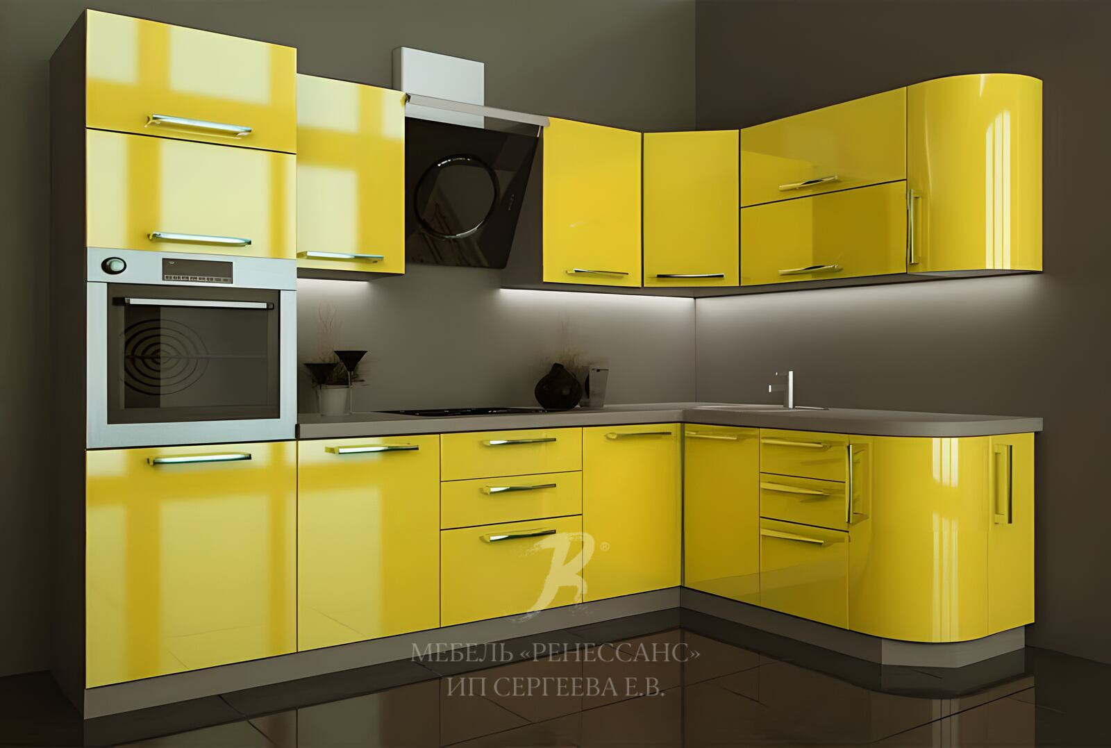 Желтая глянцевая кухня